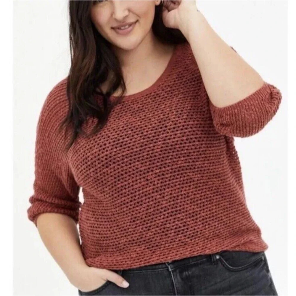 Torrid Rust Loose Open Knit Slub Pullover‎ Dolman 3/4 Sleeve Sweater Size 1